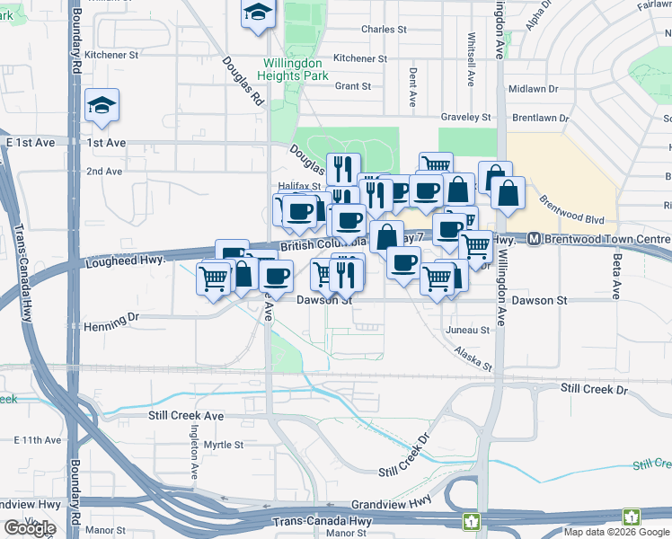 map of restaurants, bars, coffee shops, grocery stores, and more near 4219 B Lougheed Highway in Burnaby