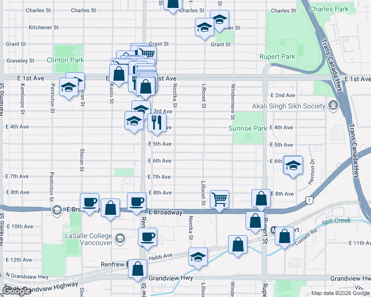 map of restaurants, bars, coffee shops, grocery stores, and more near 3036 East 5th Avenue in Vancouver