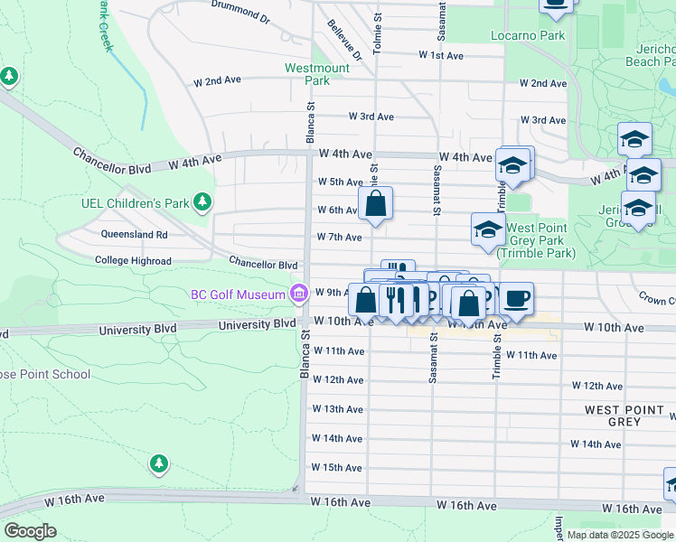map of restaurants, bars, coffee shops, grocery stores, and more near 4648 West 8th Avenue in Vancouver