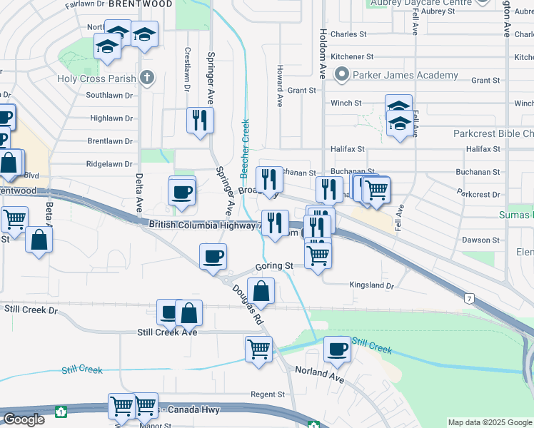 map of restaurants, bars, coffee shops, grocery stores, and more near 5413 Lougheed Highway in Burnaby
