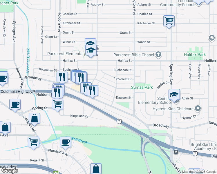 map of restaurants, bars, coffee shops, grocery stores, and more near 6238 Sumas Street in Burnaby