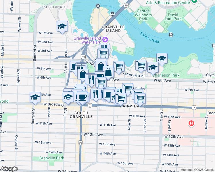 map of restaurants, bars, coffee shops, grocery stores, and more near 1339 West 7th Avenue in Vancouver