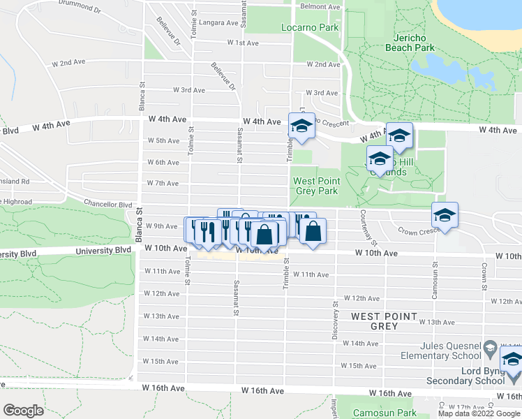 map of restaurants, bars, coffee shops, grocery stores, and more near 4448 West 8th Avenue in Vancouver