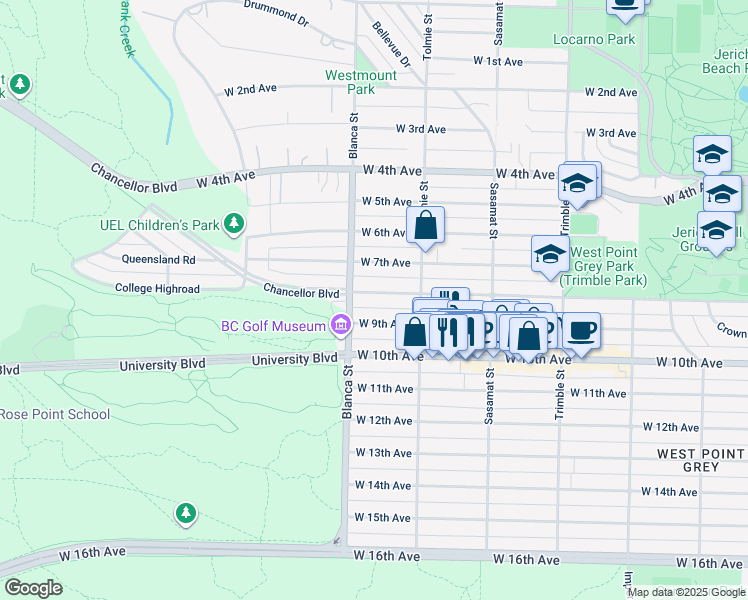 map of restaurants, bars, coffee shops, grocery stores, and more near 4664 West 8th Avenue in Vancouver