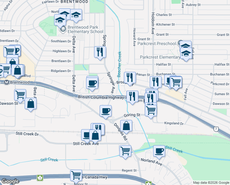 map of restaurants, bars, coffee shops, grocery stores, and more near 2068 Springer Avenue in Burnaby