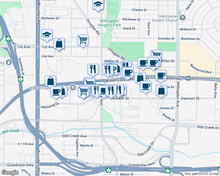 map of restaurants, bars, coffee shops, grocery stores, and more near in Burnaby