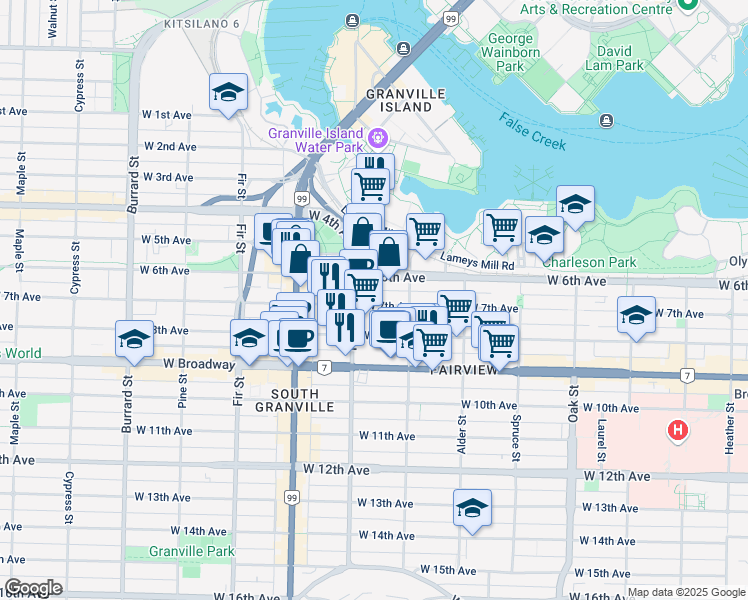 map of restaurants, bars, coffee shops, grocery stores, and more near 1365 West 7th Avenue in Vancouver
