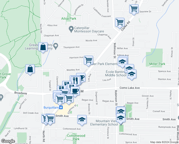 map of restaurants, bars, coffee shops, grocery stores, and more near 655 Clarke Road in Coquitlam