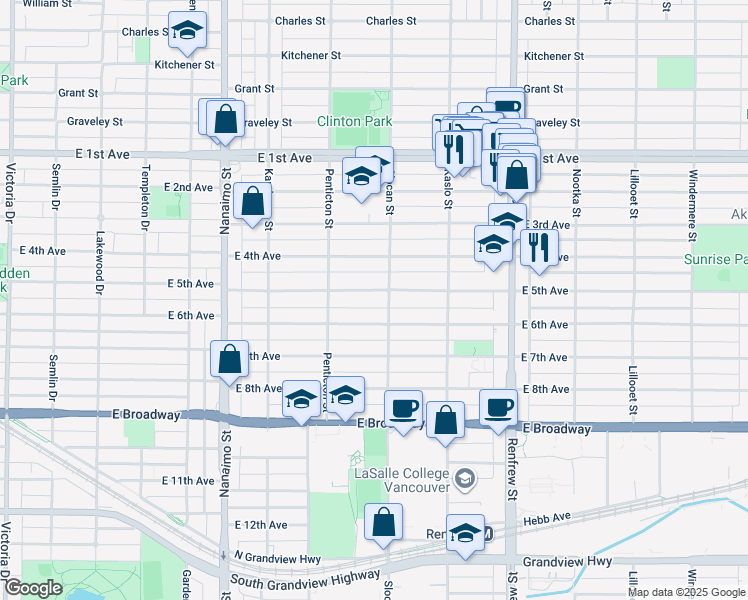 map of restaurants, bars, coffee shops, grocery stores, and more near 2680 East 5th Avenue in Vancouver
