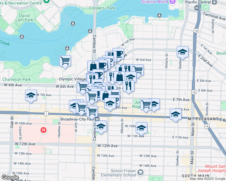 map of restaurants, bars, coffee shops, grocery stores, and more near in Vancouver