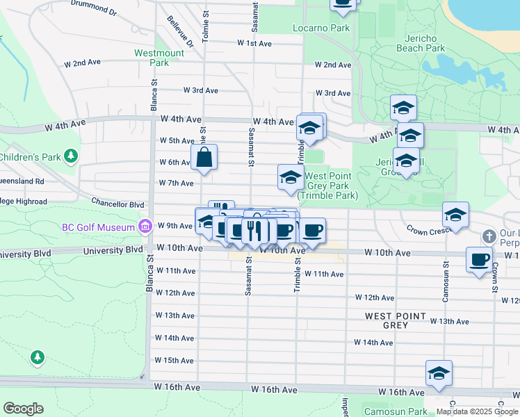 map of restaurants, bars, coffee shops, grocery stores, and more near 4470 West 8th Avenue in Vancouver