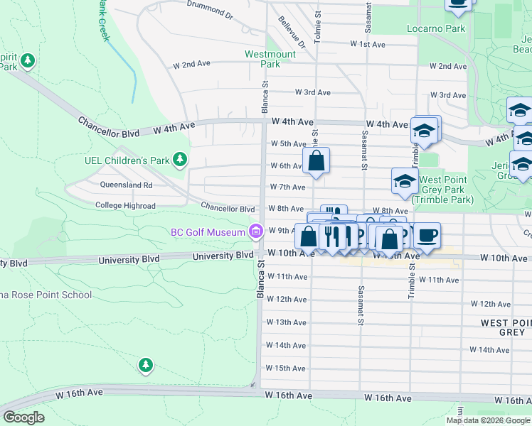 map of restaurants, bars, coffee shops, grocery stores, and more near 4694 West 8th Avenue in Vancouver