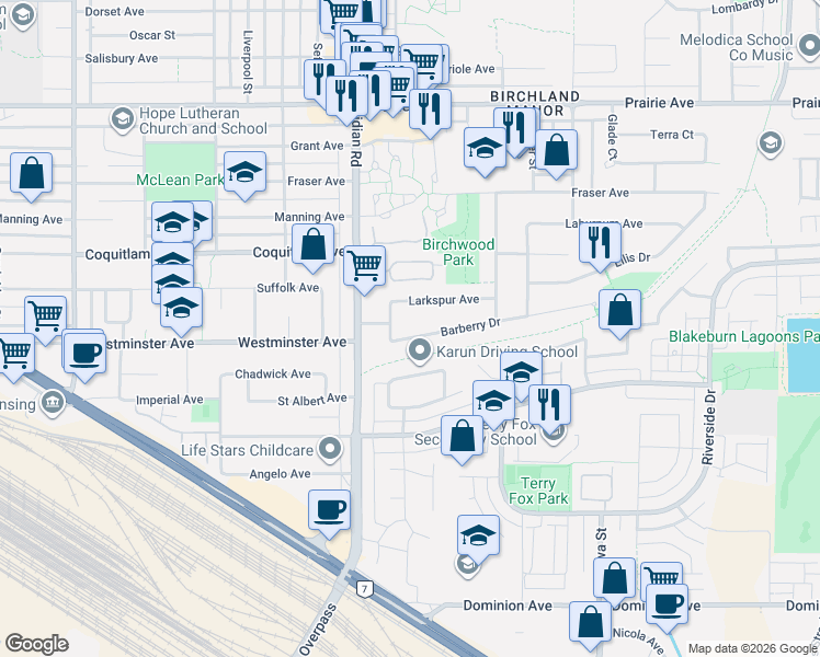 map of restaurants, bars, coffee shops, grocery stores, and more near 1421 Barberry Drive in Port Coquitlam