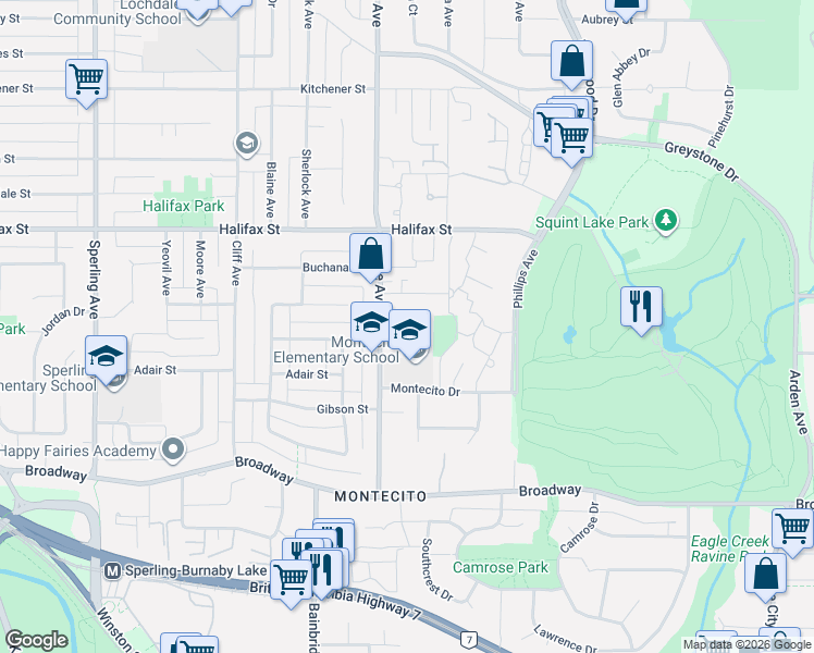 map of restaurants, bars, coffee shops, grocery stores, and more near 7239 Camarillo Place in Burnaby