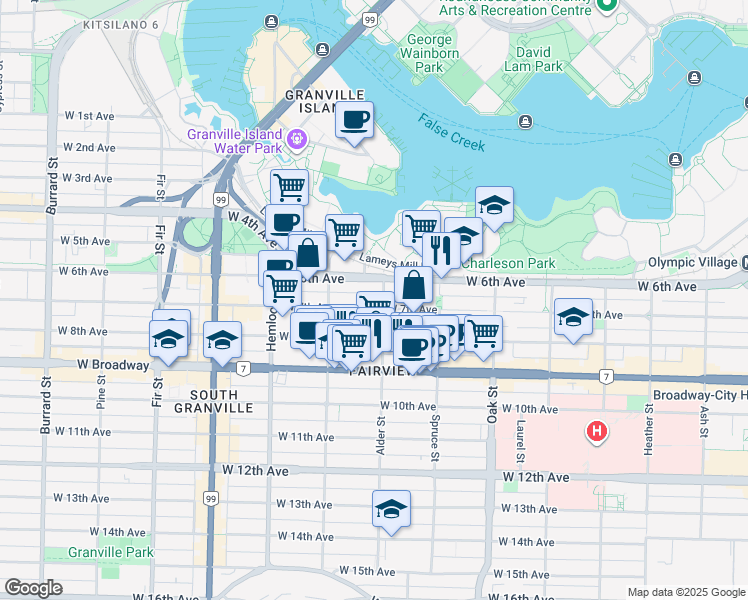 map of restaurants, bars, coffee shops, grocery stores, and more near 1215 West 7th Avenue in Vancouver