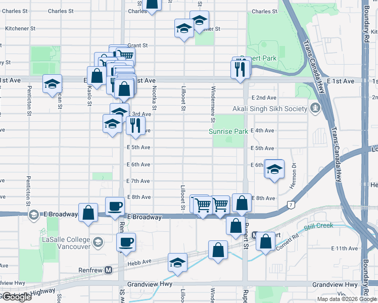 map of restaurants, bars, coffee shops, grocery stores, and more near 3116 East 5th Avenue in Vancouver