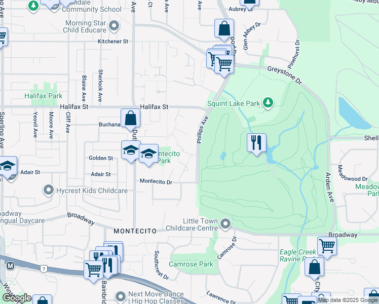 map of restaurants, bars, coffee shops, grocery stores, and more near 7319 Coronado Drive in Burnaby
