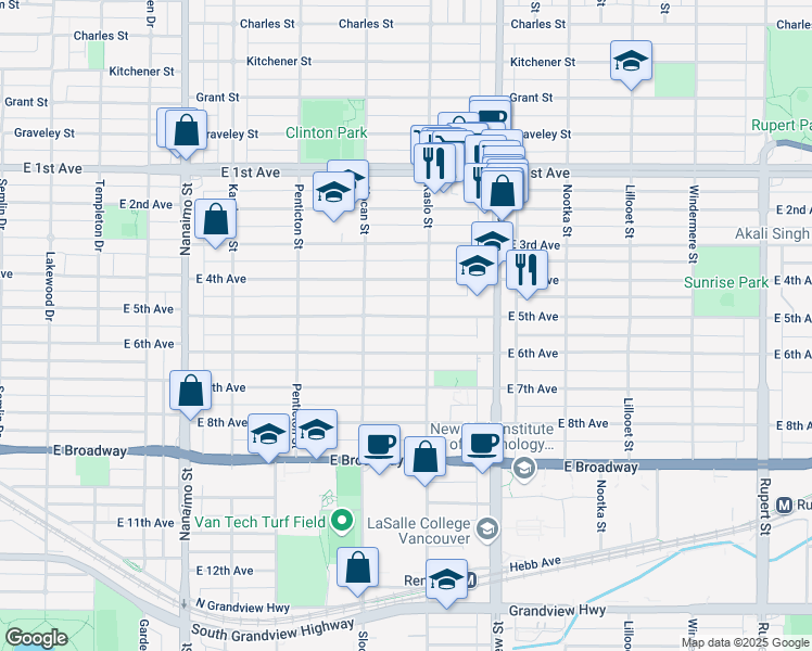 map of restaurants, bars, coffee shops, grocery stores, and more near 2772 East 5th Avenue in Vancouver