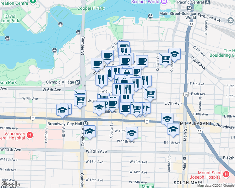 map of restaurants, bars, coffee shops, grocery stores, and more near 214 West 6th Avenue in Vancouver