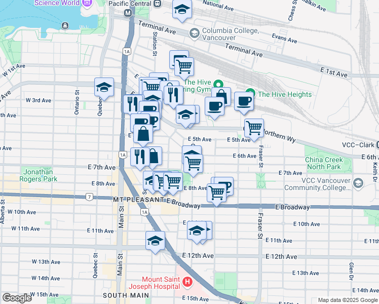 map of restaurants, bars, coffee shops, grocery stores, and more near 2161 Guelph Street in Vancouver