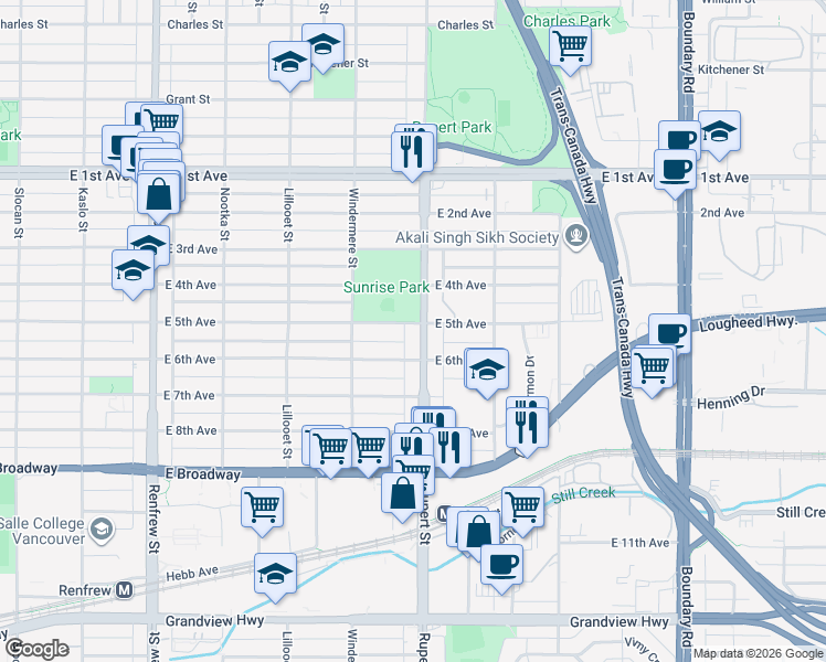 map of restaurants, bars, coffee shops, grocery stores, and more near 3288 East 5th Avenue in Vancouver