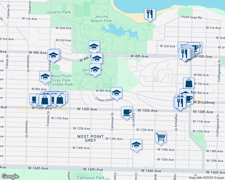 map of restaurants, bars, coffee shops, grocery stores, and more near 4125 West 8th Avenue in Vancouver