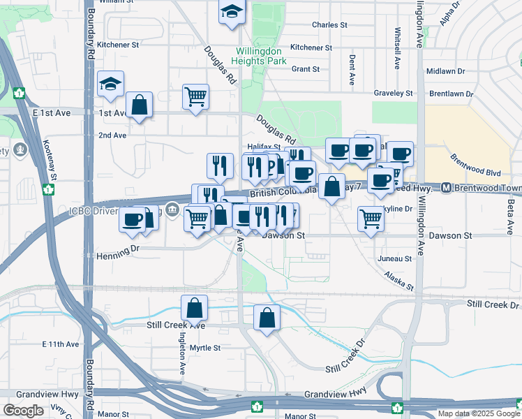 map of restaurants, bars, coffee shops, grocery stores, and more near in Burnaby