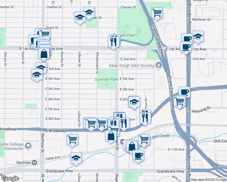 map of restaurants, bars, coffee shops, grocery stores, and more near in Vancouver