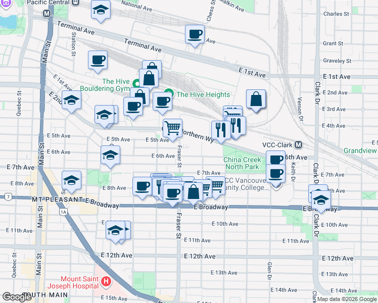 map of restaurants, bars, coffee shops, grocery stores, and more near in Vancouver