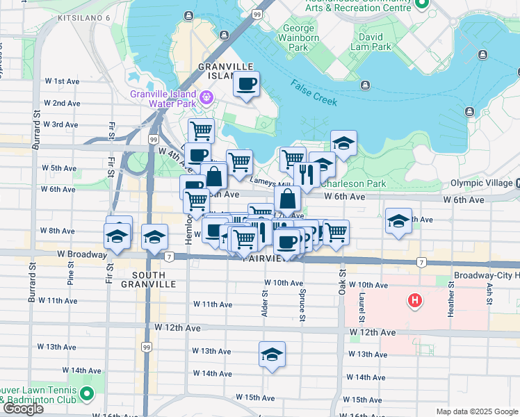 map of restaurants, bars, coffee shops, grocery stores, and more near in Vancouver