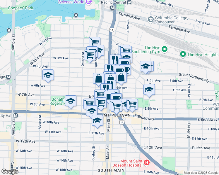 map of restaurants, bars, coffee shops, grocery stores, and more near 204 East 6th Avenue in Vancouver