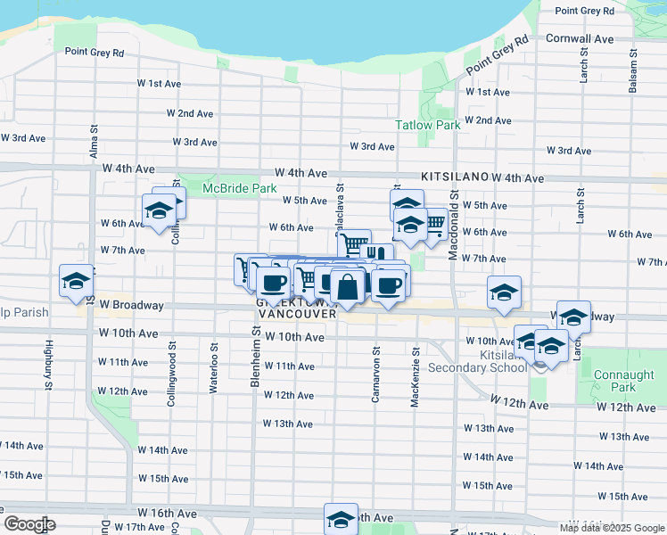 map of restaurants, bars, coffee shops, grocery stores, and more near 2325 Balaclava Street in Vancouver