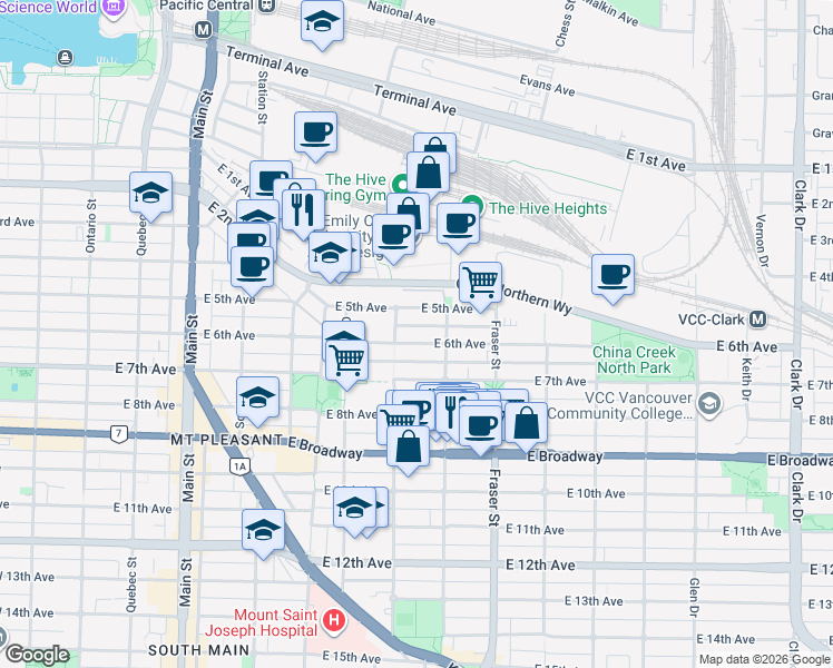 map of restaurants, bars, coffee shops, grocery stores, and more near 529 East 6th Avenue in Vancouver