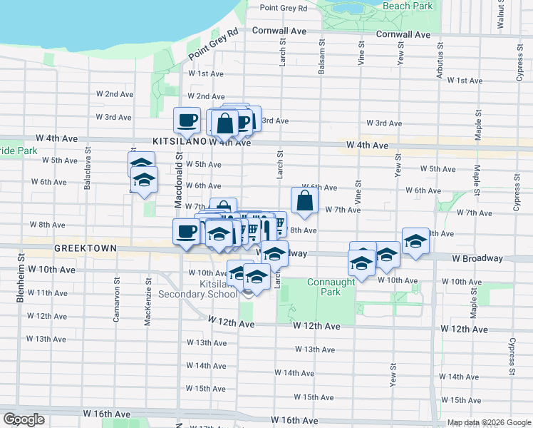 map of restaurants, bars, coffee shops, grocery stores, and more near 2530 West 7th Avenue in Vancouver