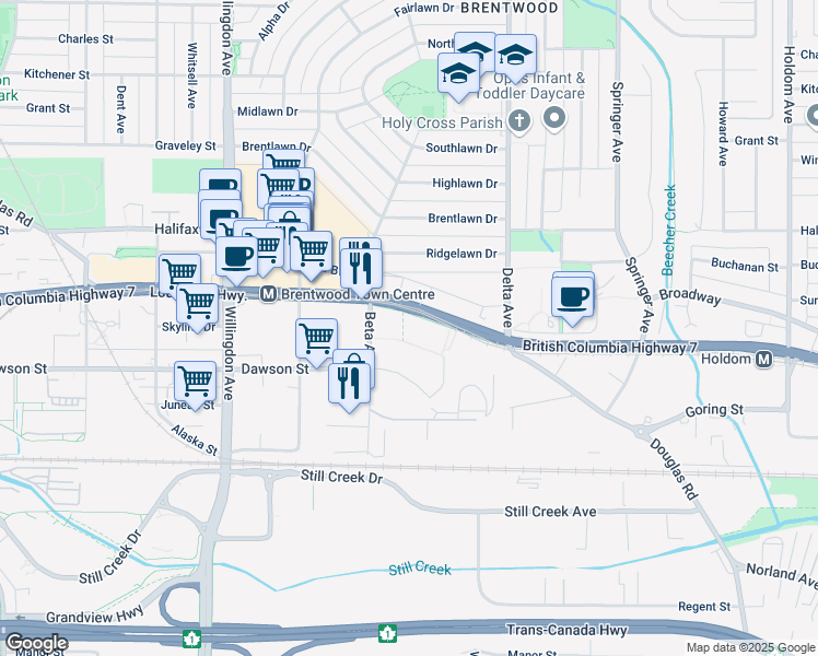 map of restaurants, bars, coffee shops, grocery stores, and more near 4720 Lougheed Highway in Burnaby