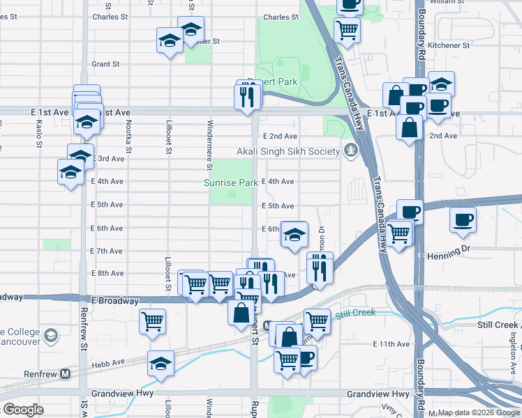 map of restaurants, bars, coffee shops, grocery stores, and more near 3302 West 5th Avenue in Vancouver