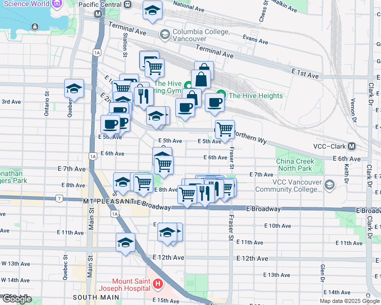 map of restaurants, bars, coffee shops, grocery stores, and more near 507 East 6th Avenue in Vancouver
