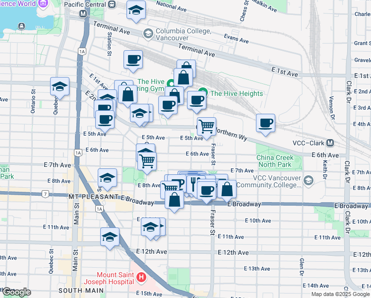 map of restaurants, bars, coffee shops, grocery stores, and more near 555 East 6th Avenue in Vancouver