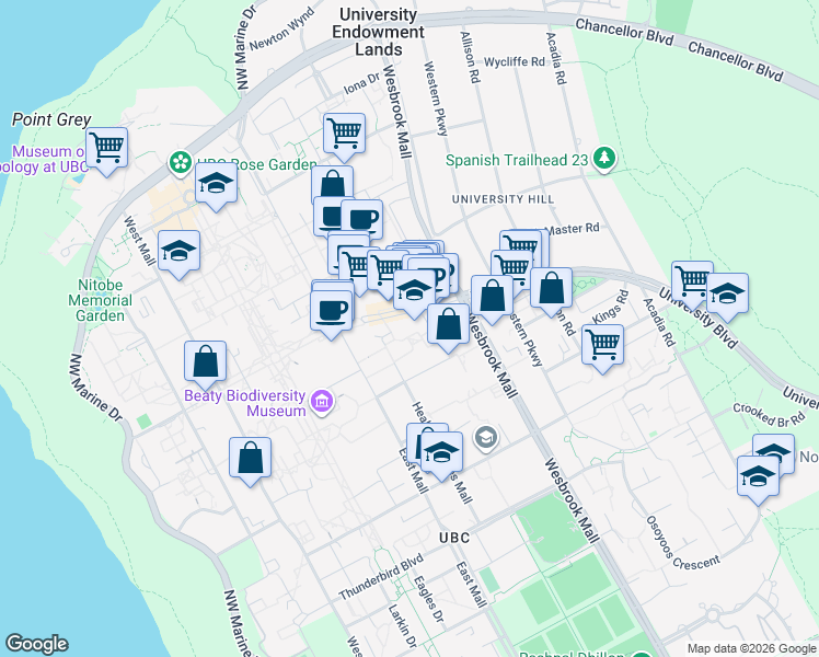 map of restaurants, bars, coffee shops, grocery stores, and more near 2146 Health Sciences Mall in Vancouver