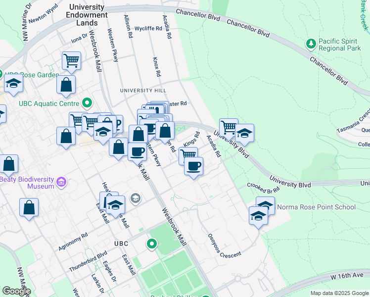 map of restaurants, bars, coffee shops, grocery stores, and more near 5632 Kings Road in Vancouver