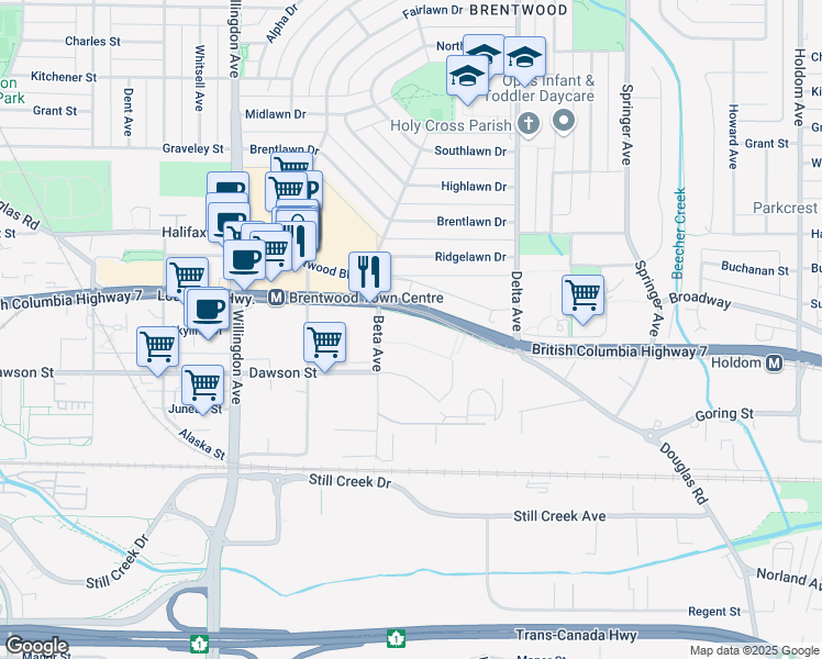 map of restaurants, bars, coffee shops, grocery stores, and more near 4720 Lougheed Highway in Burnaby