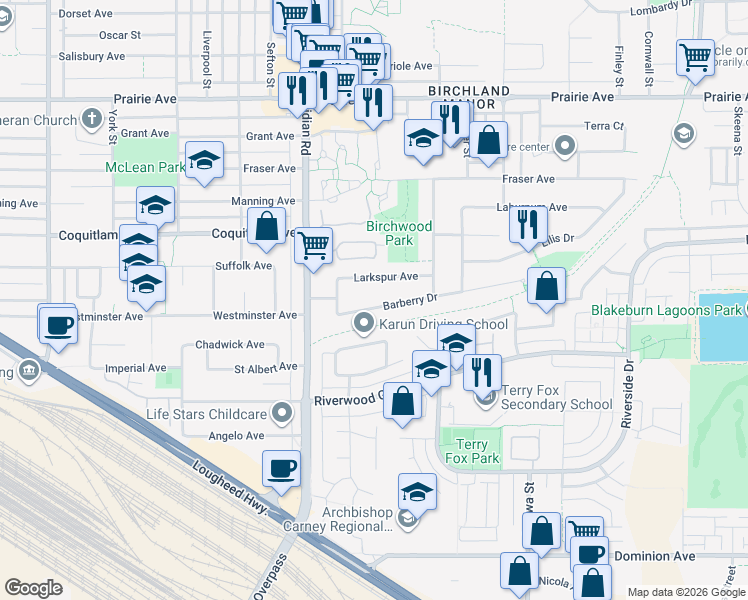 map of restaurants, bars, coffee shops, grocery stores, and more near 1377 Barberry Drive in Port Coquitlam