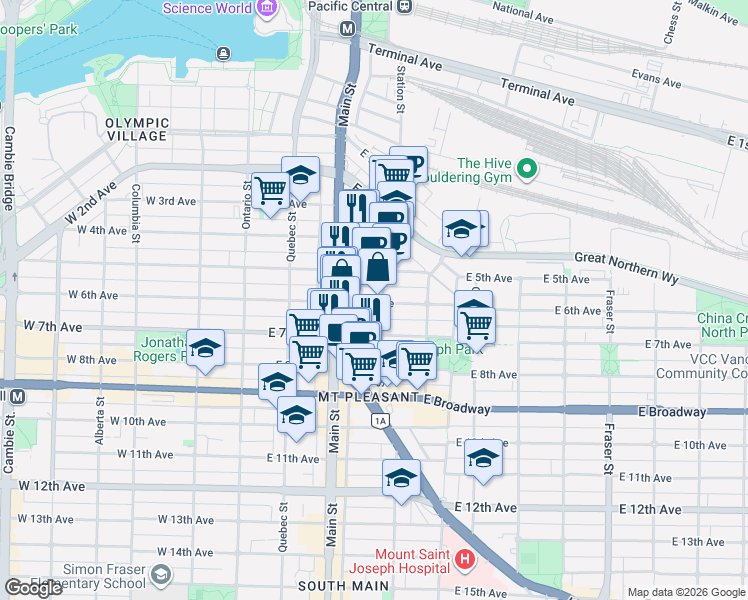 map of restaurants, bars, coffee shops, grocery stores, and more near 289 East 6th Avenue in Vancouver