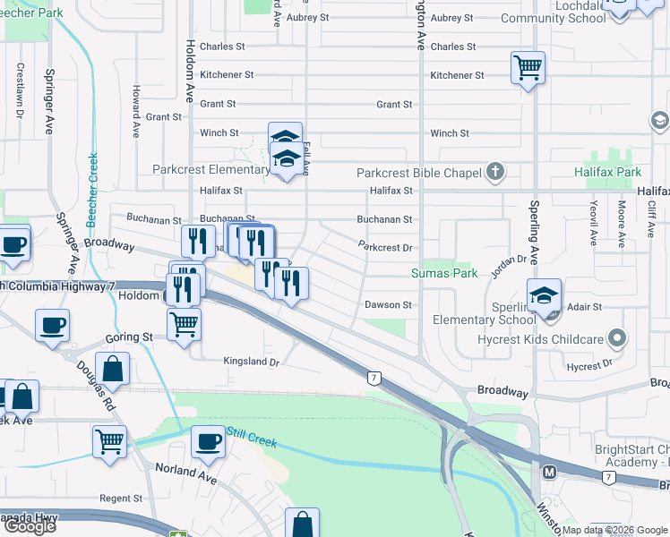 map of restaurants, bars, coffee shops, grocery stores, and more near 6190 Sumas Street in Burnaby