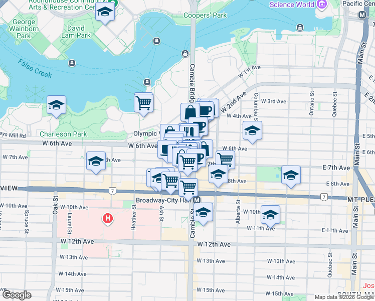 map of restaurants, bars, coffee shops, grocery stores, and more near 2211 Cambie Street in Vancouver