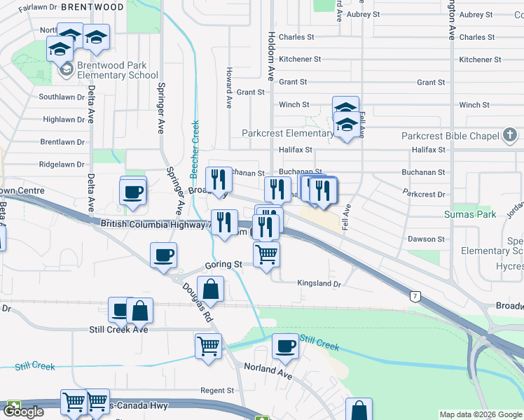 map of restaurants, bars, coffee shops, grocery stores, and more near 2043 Holdom Avenue in Burnaby