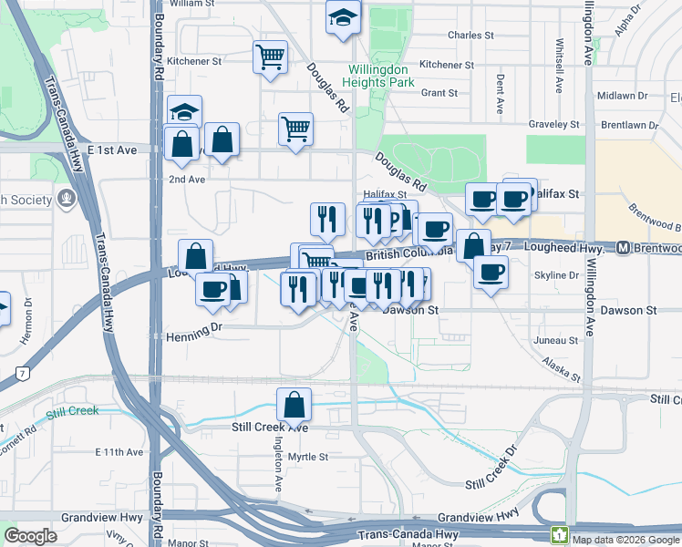 map of restaurants, bars, coffee shops, grocery stores, and more near 3999 Henning Drive in Burnaby