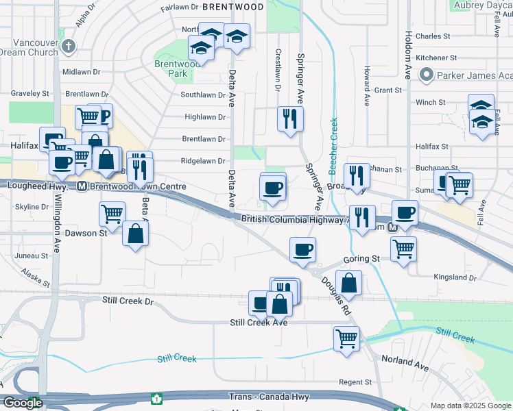 map of restaurants, bars, coffee shops, grocery stores, and more near in Burnaby