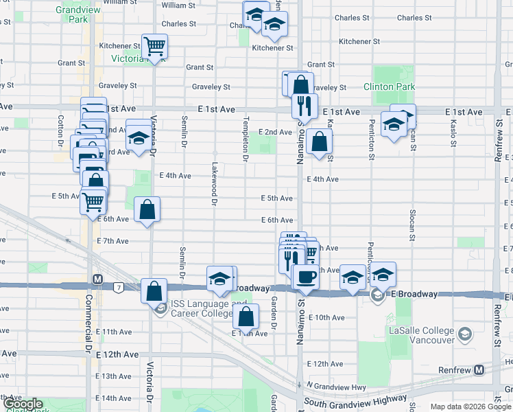 map of restaurants, bars, coffee shops, grocery stores, and more near in Vancouver