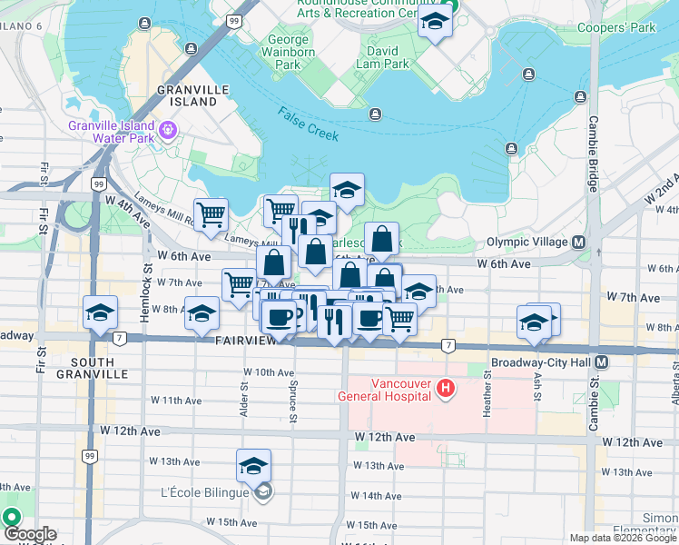 map of restaurants, bars, coffee shops, grocery stores, and more near 2243 Oak Street in Vancouver